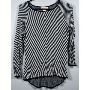 FRESH‎ PRODUCE Women's Large Black White Striped Hi Low Top Shirt Long Sleeve
